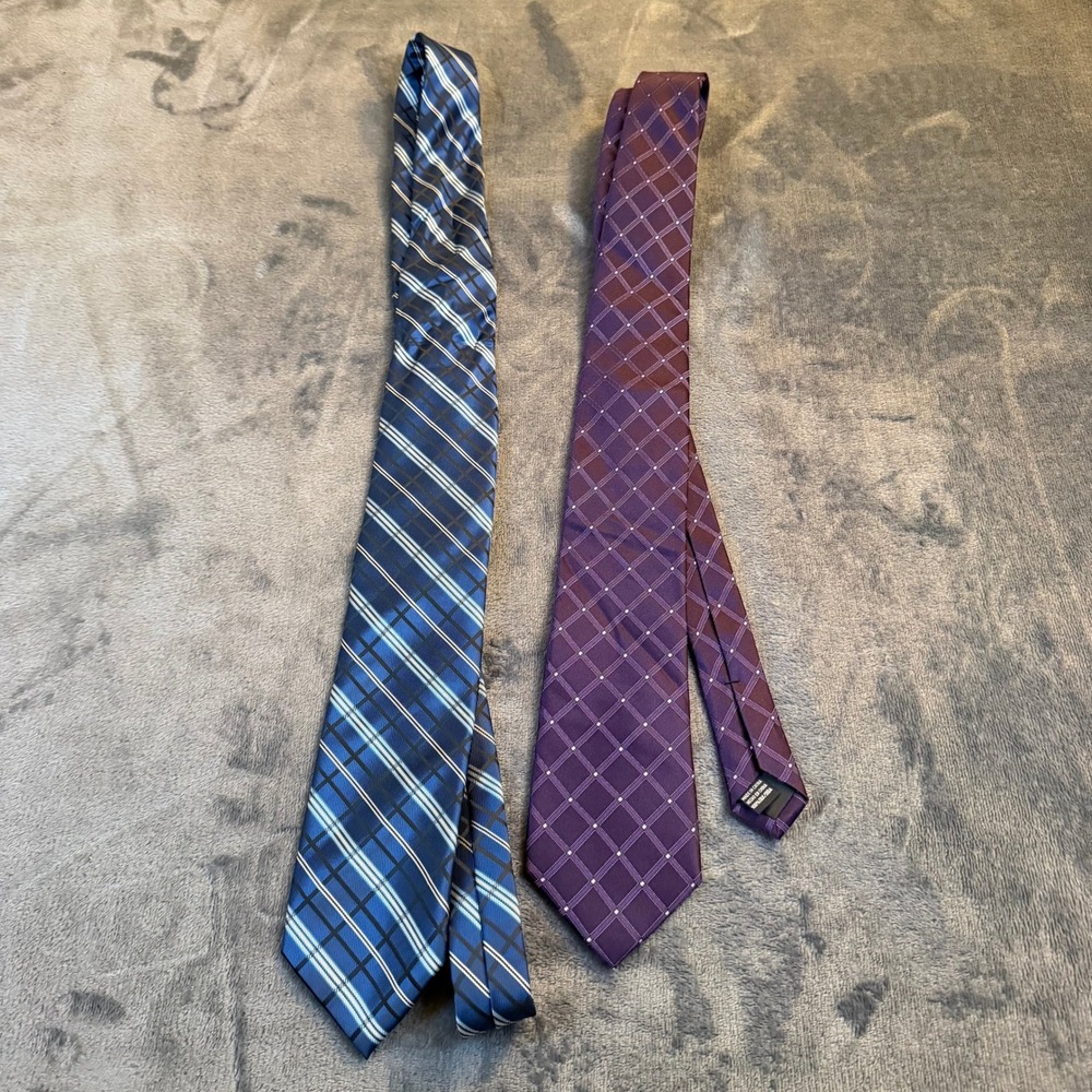 George Mens Plaid Necktie Set Blue‎ Purple Silk Blend Formal Business Tie